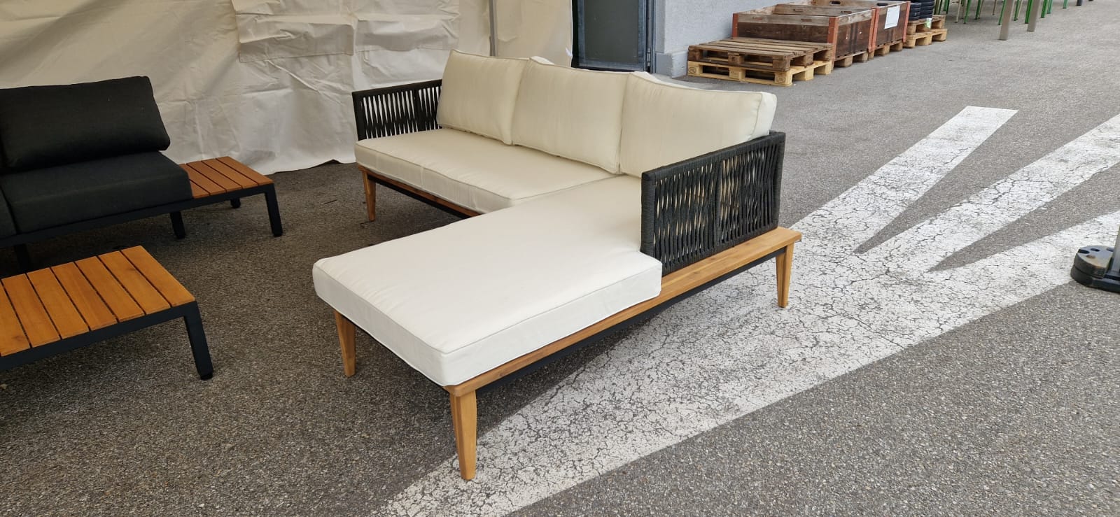 Sofa, Draußen, Kissen, Holzrahmen, Beige