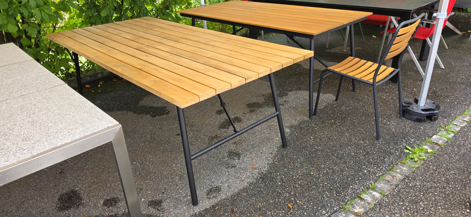 Holztisch, Gartenmöbel, Klappbar, Stahlrahmen, Sitzelemente