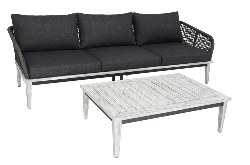outdoor sofa, cushioned seating, table set, gray wicker, slatted wood table