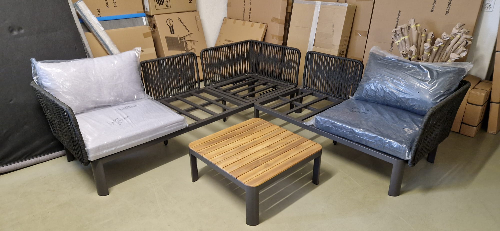 gartenmöbel, loungeset, holz-tisch, metallrahmen, polster-set