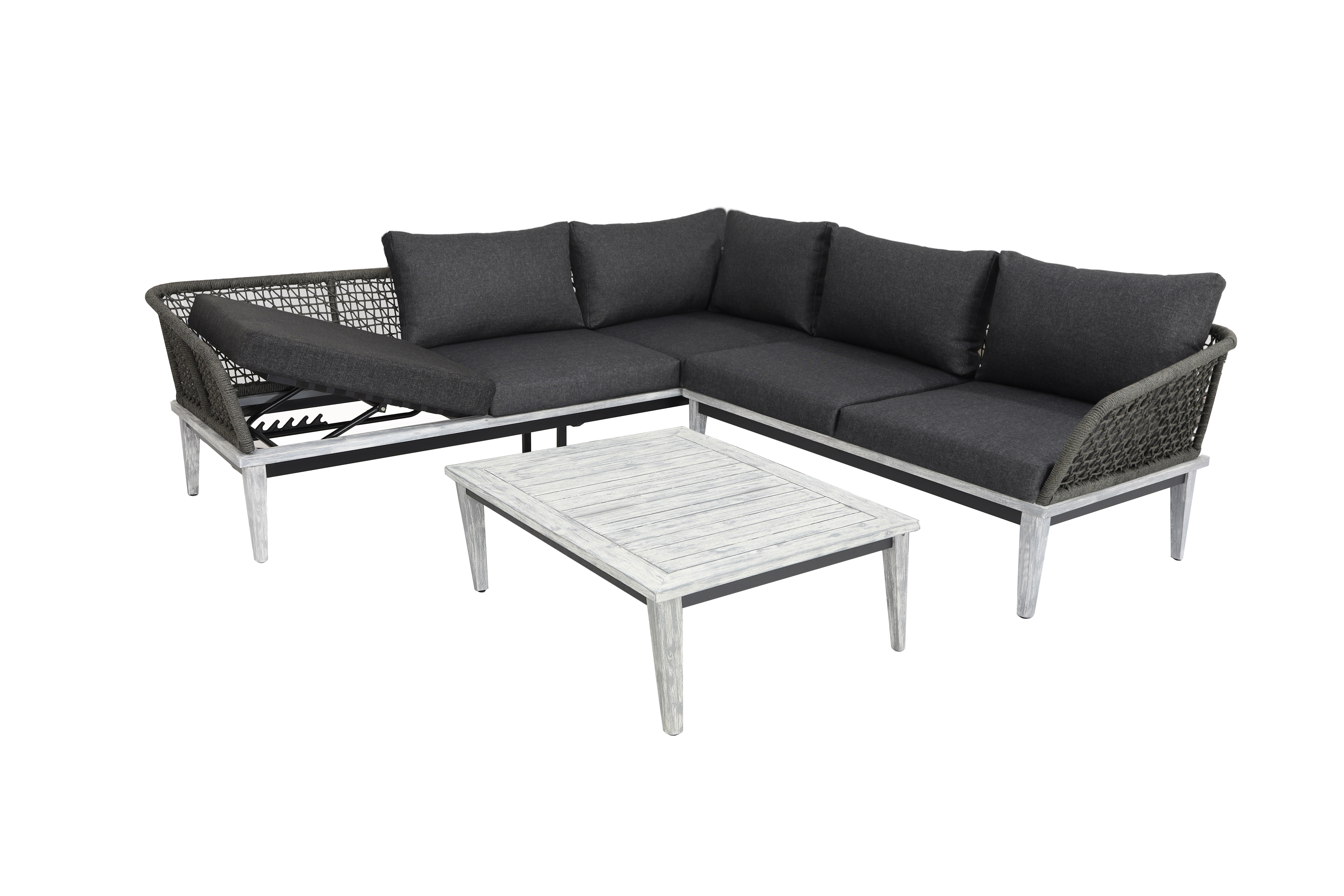 Outdoor-Sofa, Ecksofa, dunkelgraue Kissen, gewebter Rücken, Couchtisch