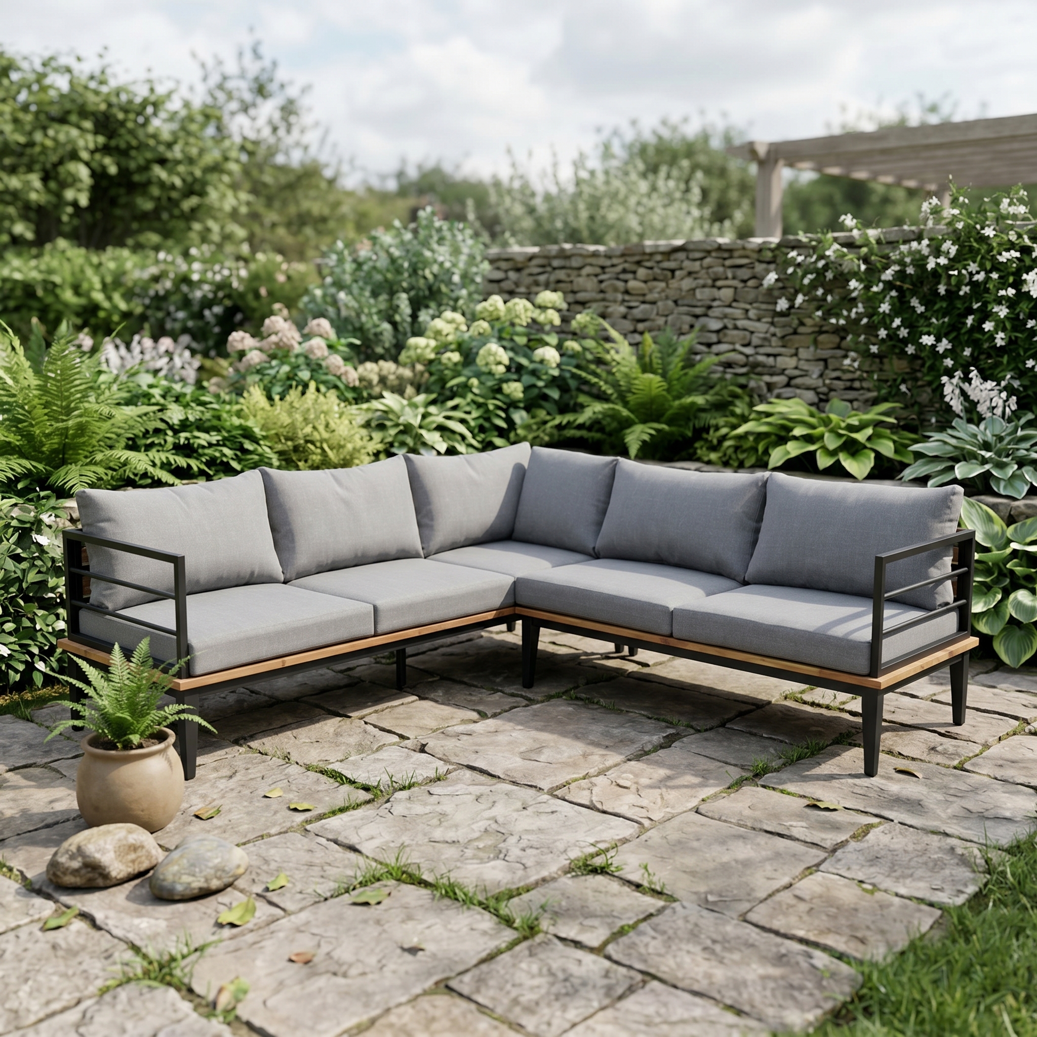 Garten Ecksofa, Lounge-Sofa, Sofa mit Kissen, Holz-Aluminium-Rahmen, Outdoor-Möbel