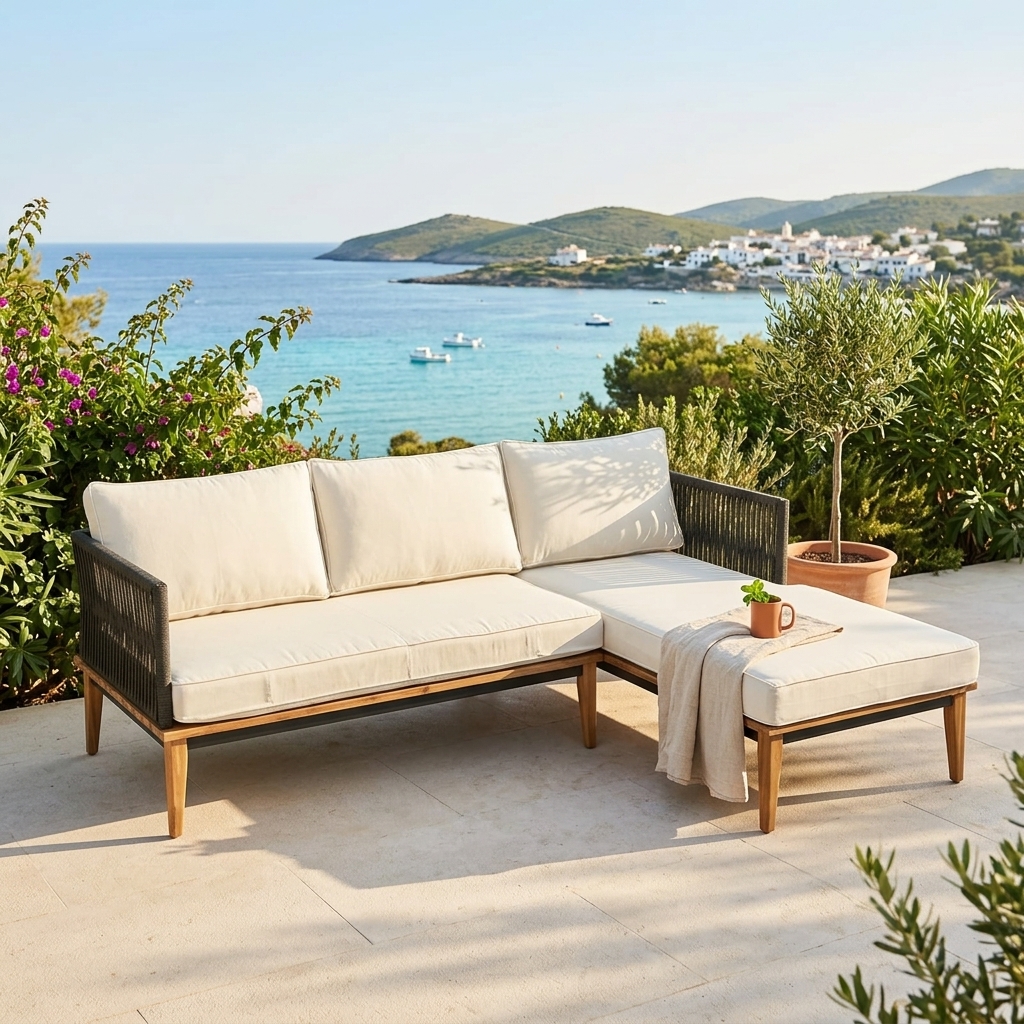 Outdoor-Sofa, Strand-ähnliche Atmosphäre, Holzrahmen, Auflagen, Terrassenecke