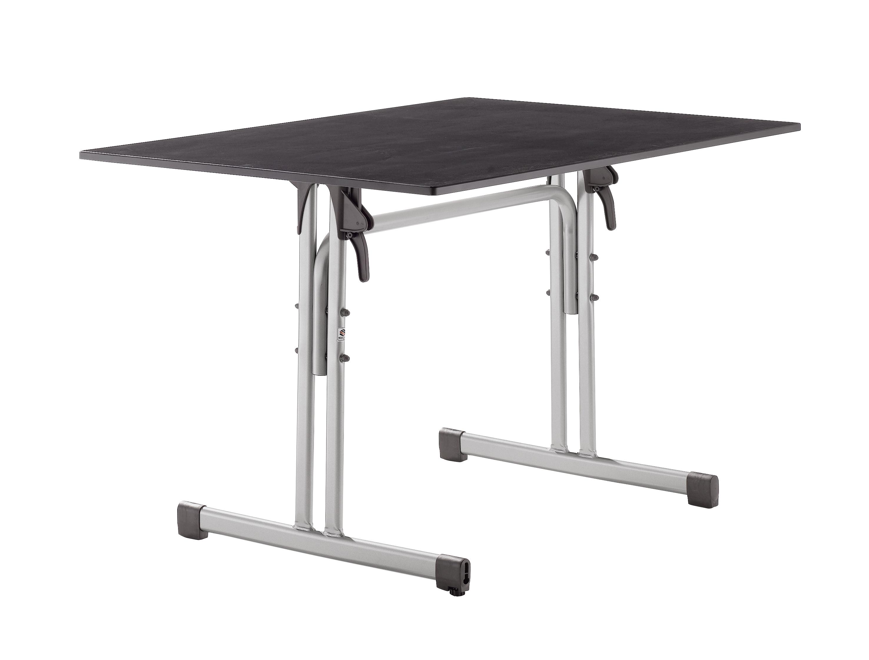 faltbarer Schreibtisch, verstellbarer Schreibtisch, Metallrahmen, dunkle Tischplatte, gestell mit Beinen